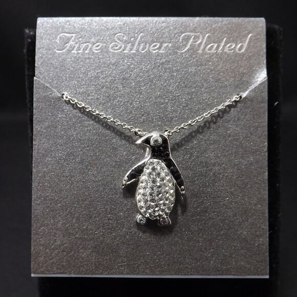 Penguin Necklace, Silver Plated, Clear & Black Rhinestones, NWT, 18 Inches - Picture 1 of 8